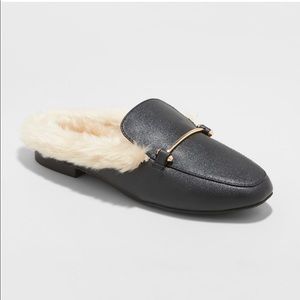 Faux Leather Fur Backless Mules - Black